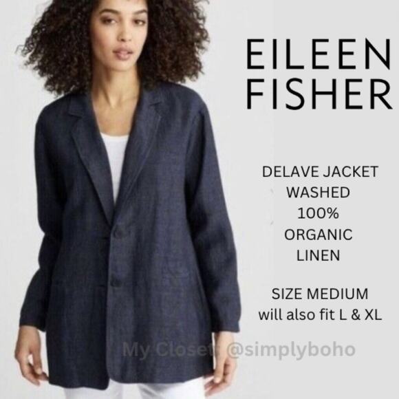 EILEEN FISHER women's 100% organic linen blue blazer - sz MEDIUM will fit L & XL - Picture 1 of 13